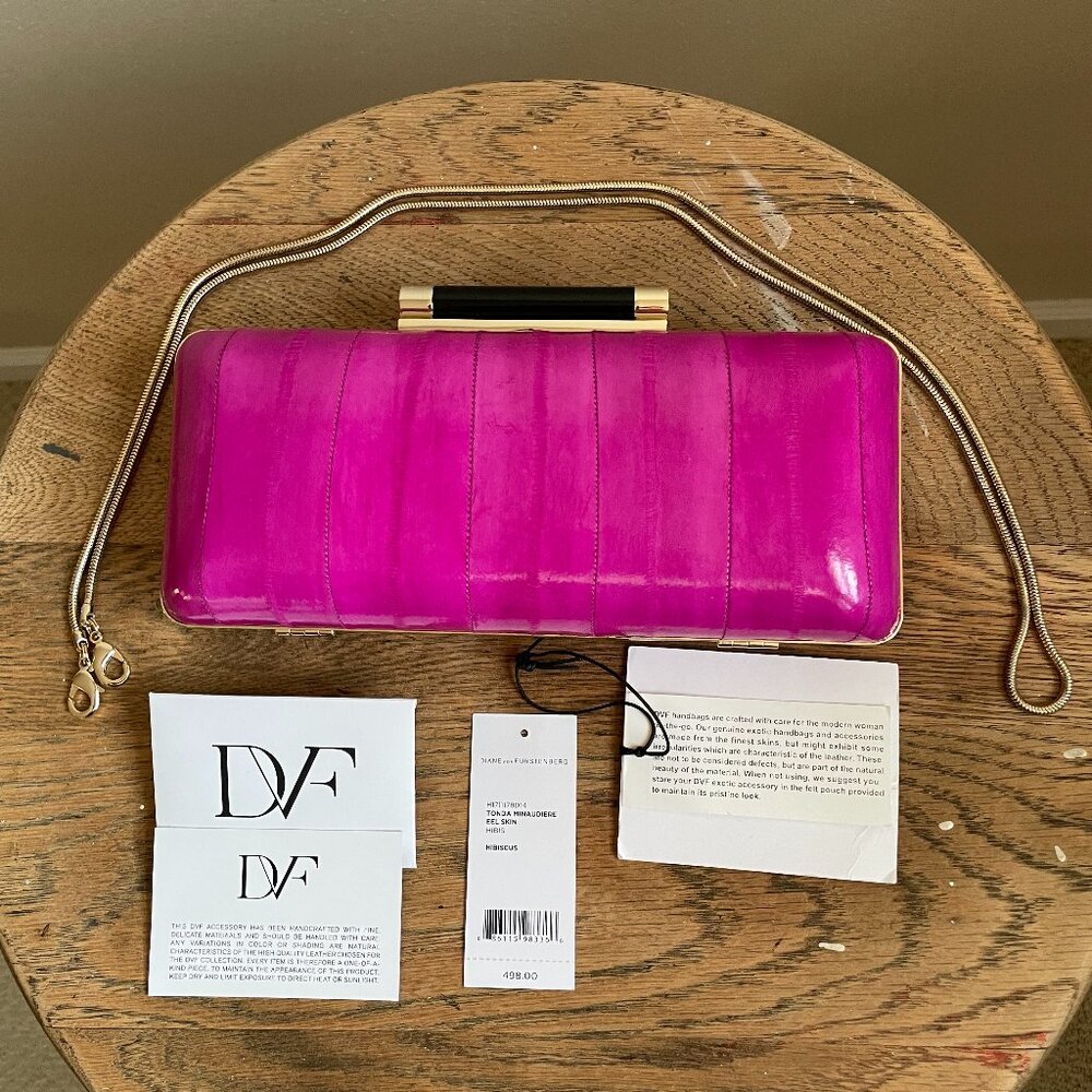 Diane Von Furstenberg DVF Tonda Minaudiere Eel Skin Clutch in Hibiscus.